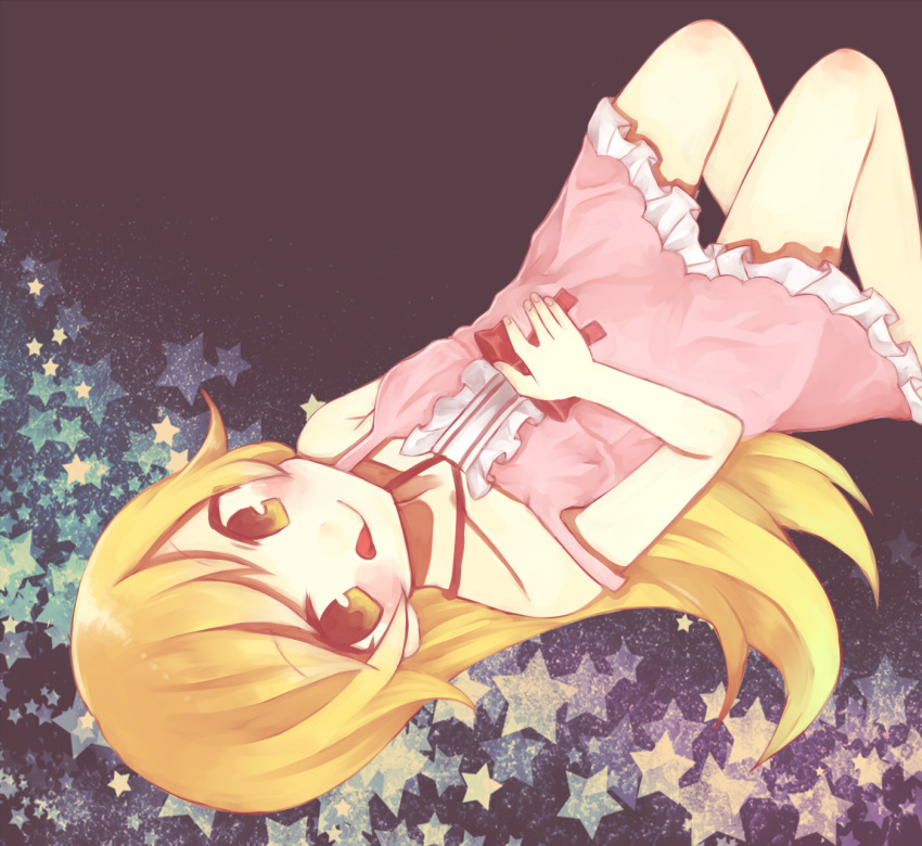 bakemonogatari blonde_hair highres kumakuta18 long_hair lying monogatari_(series) nisemonogatari oshino_shinobu strap_slip tongue tongue_out yellow_eyes