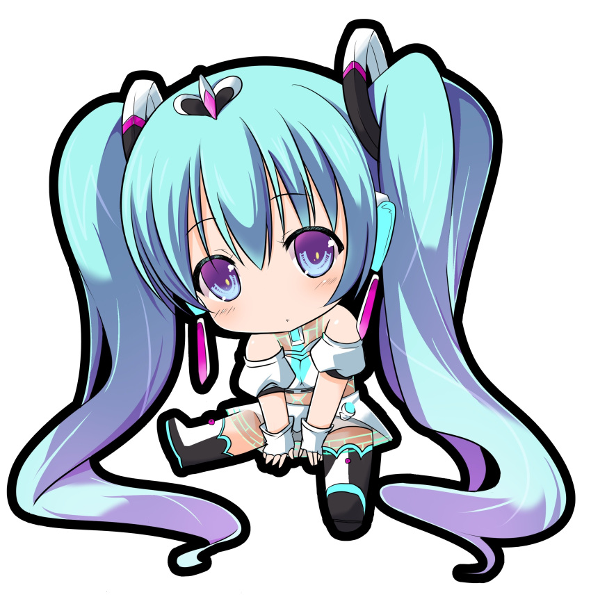 absurdres aqua_eyes aqua_hair chibi fingerless_gloves gloves hatsune_miku highres kazuta_(kazutan62) long_hair looking_at_viewer race_queen simple_background sitting skirt solo twintails very_long_hair vocaloid white_background