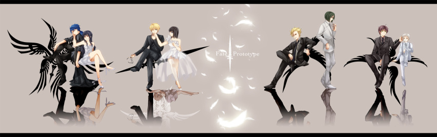 6+boys archer's_master_(fate/prototype) archer's_master_(fate/prototype) archer_(fate/prototype) bad_id black_hair blonde_hair blue_hair command_spell dress fate/prototype fate_(series) formal glasses glasses_removed green_hair highres iroha_(shiki) lancer_(fate/prototype) long_hair multiple_boys multiple_girls purple_hair reiroukan_misaya rider's_master_(fate/prototype) rider's_master_(fate/prototype) rider_(fate/prototype) saber_(fate/prototype) sajou_ayaka short_hair suit