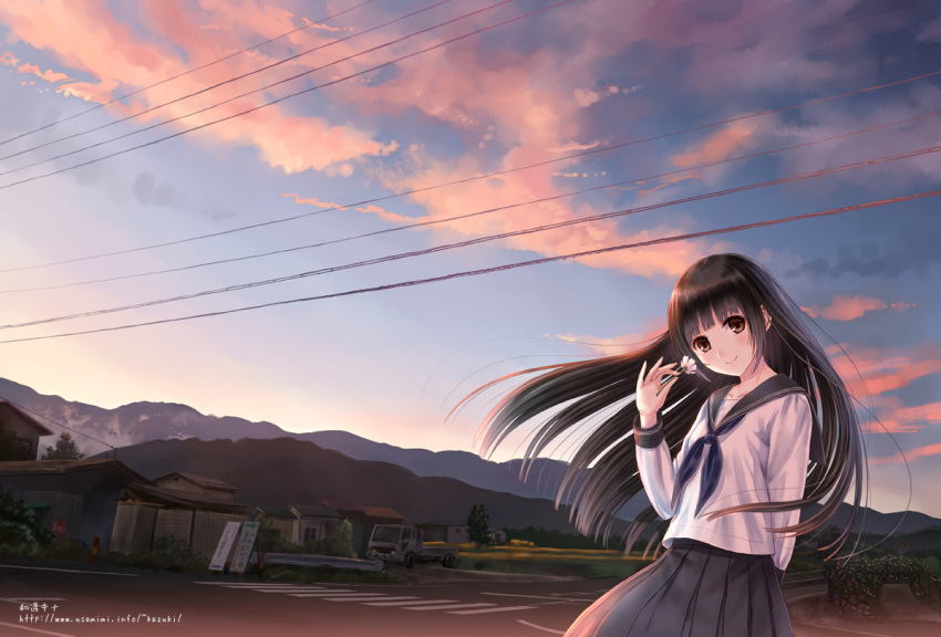 black_hair blush brown_eyes building clouds flower kazuharu_kina long_hair original scenic seifuku sky sunset