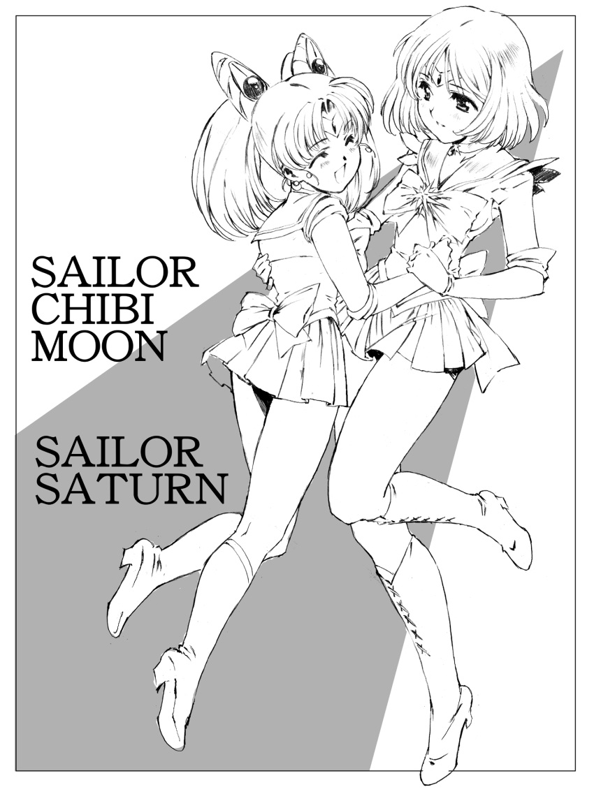 bishoujo_senshi_sailor_moon boots bow brooch character_name chibi_usa child choker closed_eyes eyes_closed hair_ornament hairpin hand_holding highres holding_hands jewelry lineart magical_girl multiple_girls naonao77 pleated_skirt ribbon sailor_chibi_moon sailor_saturn sailor_senshi short_hair skirt smile tomoe_hotaru twintails