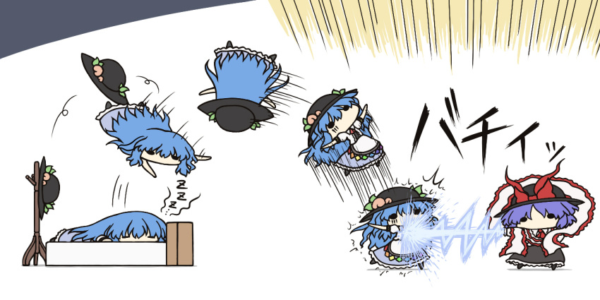 2girls attack blue_hair chibi commentary food fruit hat hat_ribbon hinanawi_tenshi kurokoori long_hair lying multiple_girls nagae_iku on_stomach peach purple_hair ribbon sleeping solid_circle_eyes touhou translation_request z