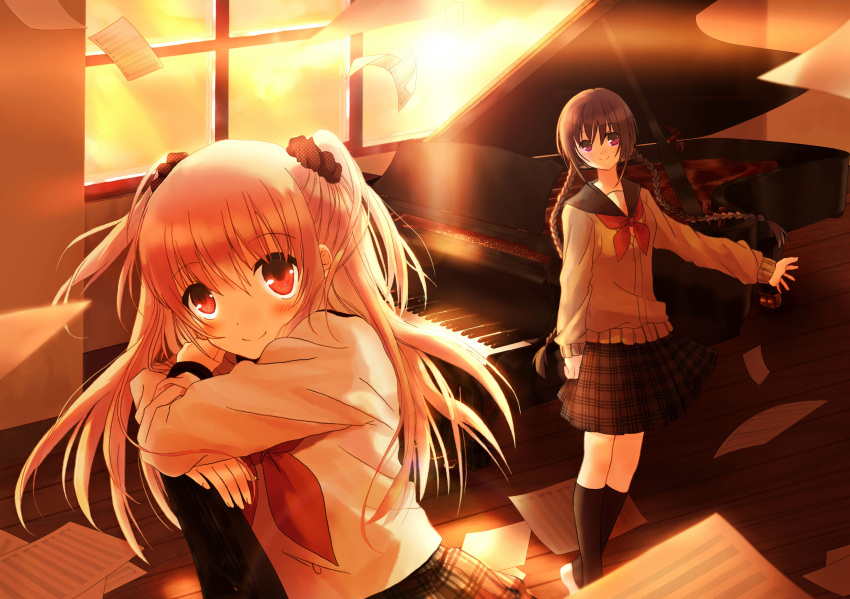 absurdres black_legwear blush braid brown_hair crossed_arms highres instrument kneehighs long_hair looking_at_viewer multiple_girls original paper piano pink_eyes pink_hair plaid plaid_skirt red_eyes school_uniform sechichi_xd sheet_music skirt smile sunset sweater twin_braids two_side_up