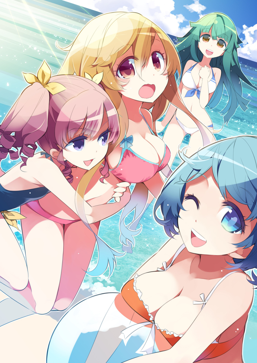 3girls 4girls ball blonde_hair blue_eyes blue_hair breasts brown_eyes character_request chinami_eita cleavage green_hair haruse_hiroki highres idol_pretender kitano_yuika long_hair looking_at_viewer multiple_girls navel ocean open_mouth pink_hair purple_eyes short_hair sky standing subaru_aoi swimsuit takizawa_rin trap twintails violet_eyes wink yellow_eyes