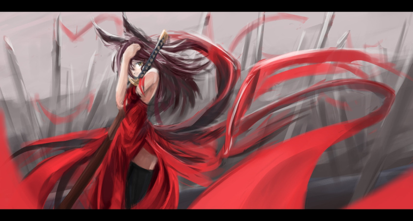 animal_ears arceonn bare_shoulders black_legwear border copyright_request dress field_of_blades fox_ears highres huge_weapon letterboxed red_dress red_hair redhead sheath sheathed side_slit solo sword thigh-highs thighhighs weapon yellow_eyes