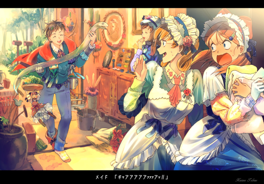 blonde_hair blue_eyes boots chibi closed_eyes dress eyes_closed flower hair_ornament hairclip kaisen maid multiple_girls open_mouth original pink_hair scared school_uniform screaming smile snake towel tray
