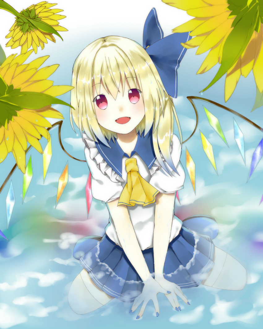 alternate_costume blonde_hair blush bow crystal fang flandre_scarlet hair_bow highres nail_polish open_mouth puffy_sleeves red_eyes school_uniform short_sleeves side_ponytail solo thigh-highs thighhighs touhou white_legwear wings