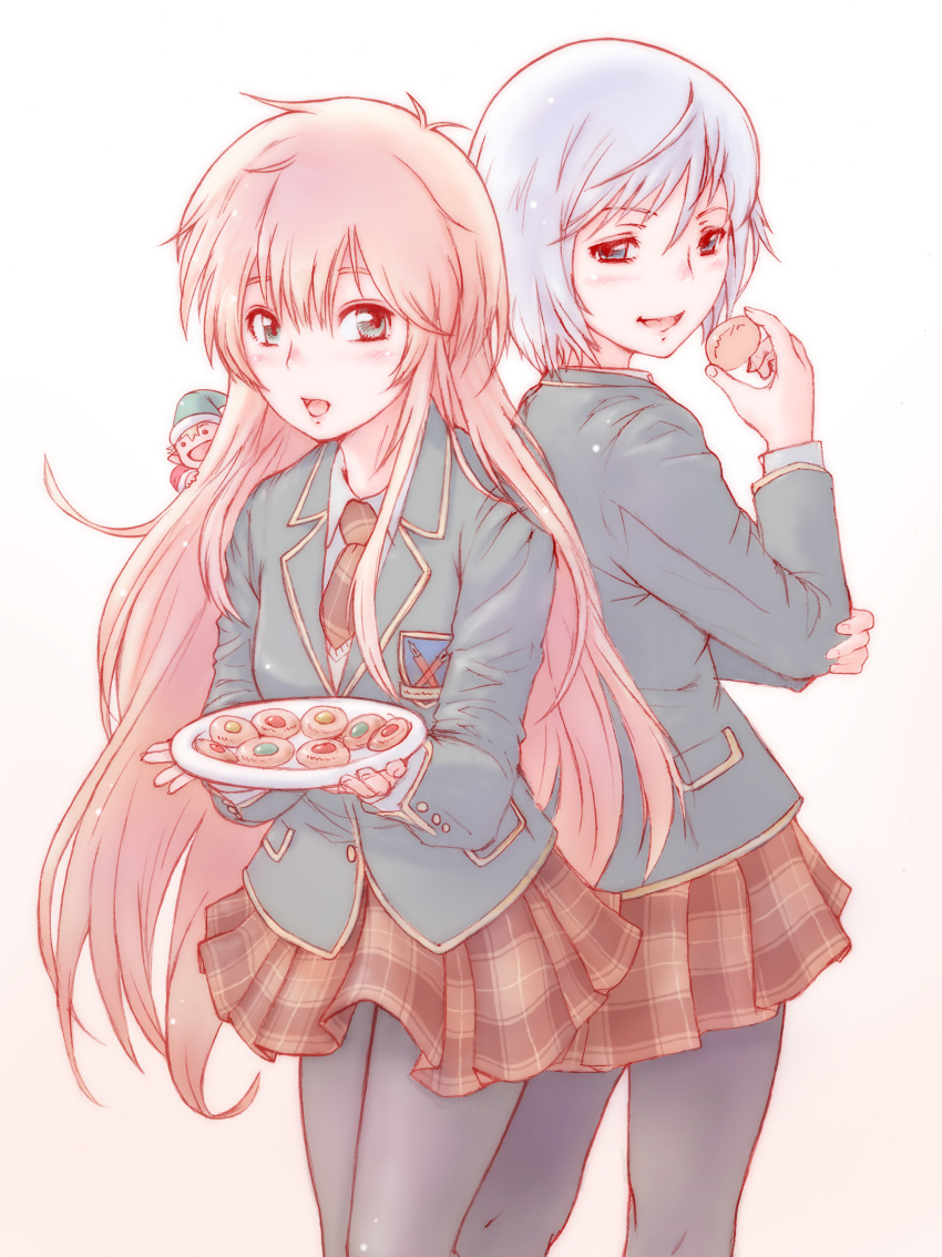 :d absurdres black_legwear blazer blue_eyes blue_hair character_request cookie fairy fairy_(jintai) food highres jinrui_wa_suitai_shimashita long_hair multiple_girls open_mouth pantyhose pink_hair plate school_uniform skirt smile tray very_long_hair watashi_(jintai) y_(jintai) yoshikawa_kazunori