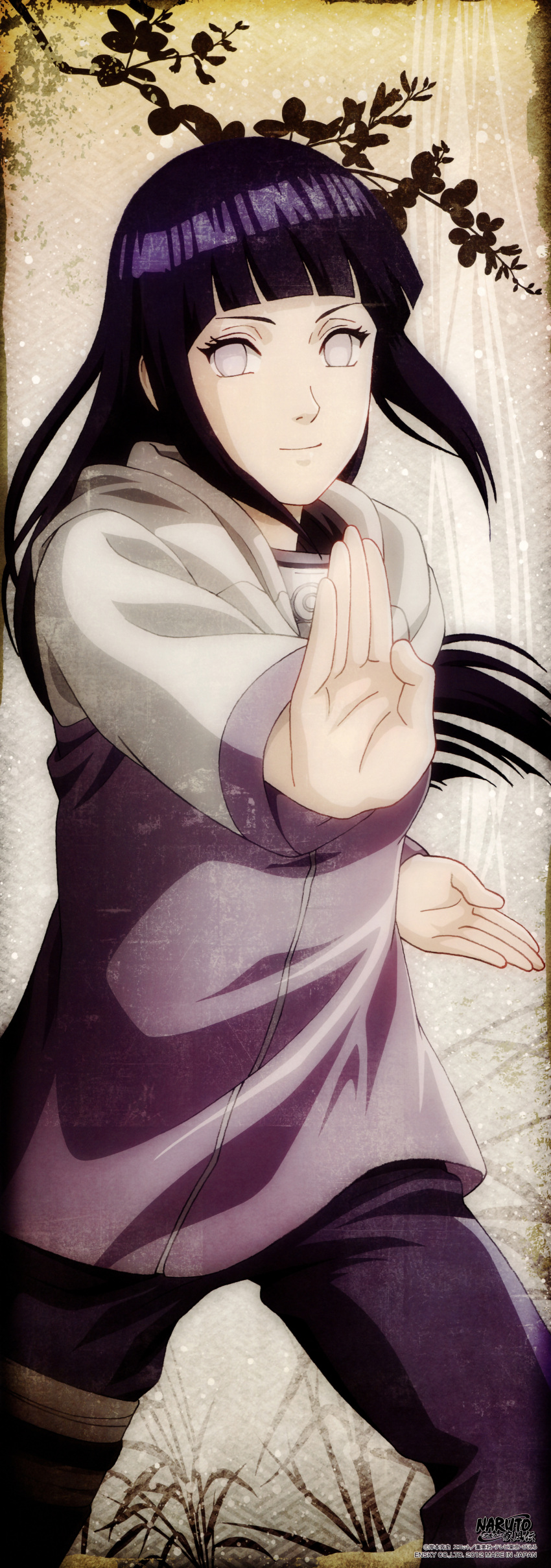 absurdres blue_hair grey_eyes highres hyuuga_hinata long_hair long_image naruto naruto_shippuuden pants scan smile solo stick_poster tall_image