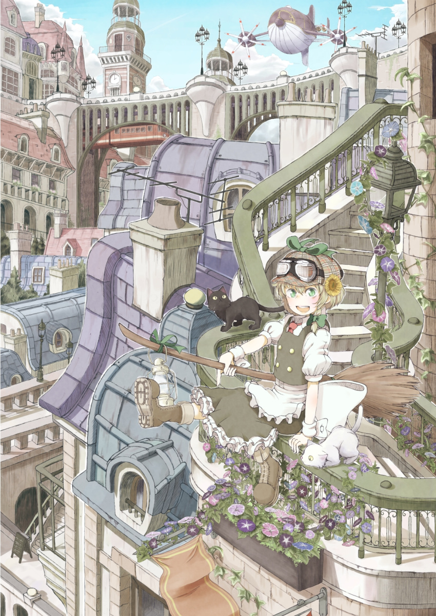 airship alternate_eye_color alternate_headwear animal antennae apron architecture balcony blonde_hair braid bridge broom building cat cityscape clock clock_tower cloud detached_collar flower goggles_on_hat green_eyes hair_ornament hat highres house kirisame_marisa kitsune_no_denpachi lamppost long_hair looking_at_viewer necktie open_mouth puffy_sleeves scenery short_hair single_braid sitting sky solo touhou tower wrist_cuffs yellow_eyes