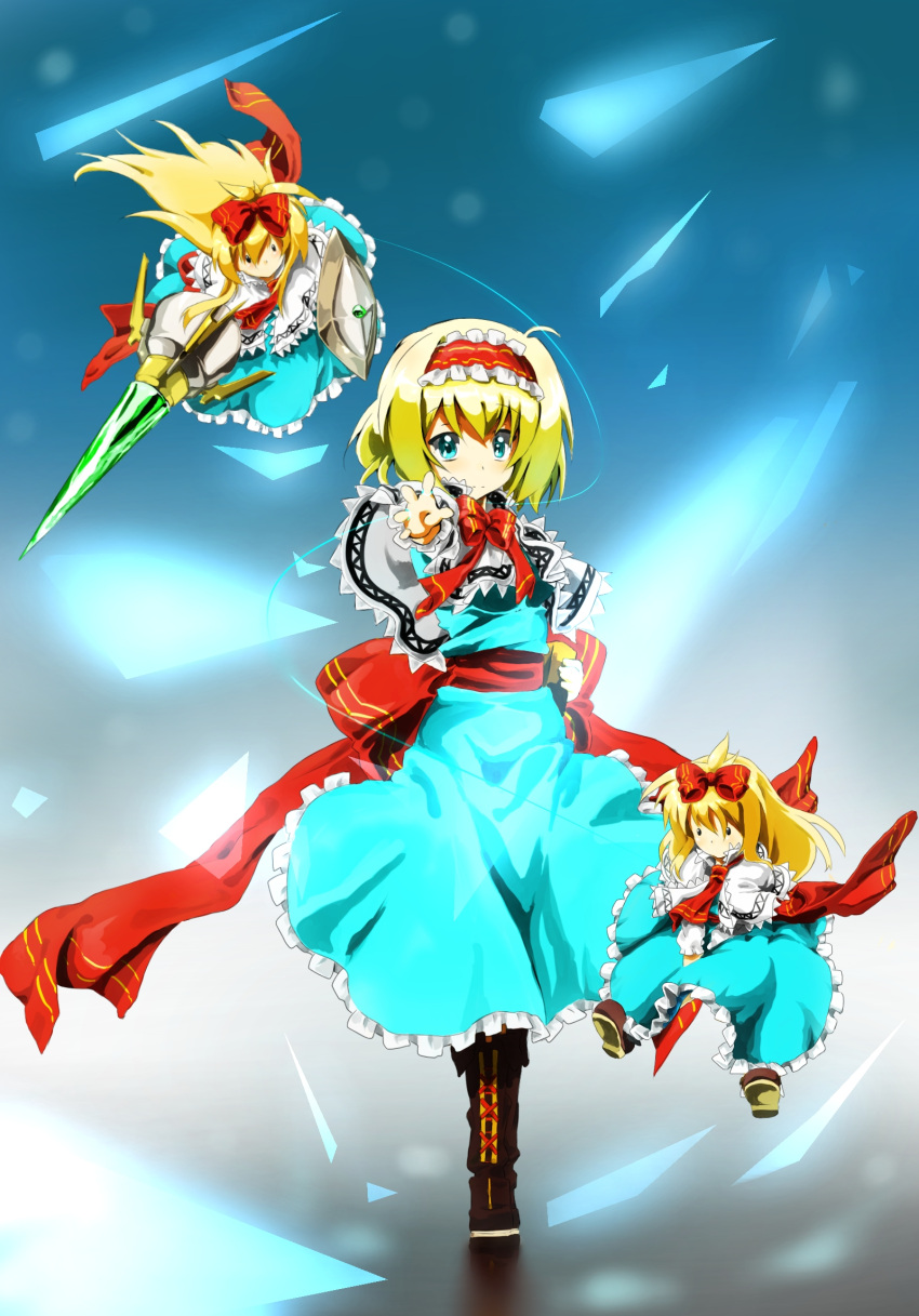 alice_margatroid blonde_hair blue_eyes blush book boots capelet doll dress hairband highres long_hair multiple_girls outstretched_arm shanghai_doll short_hair touhou walking