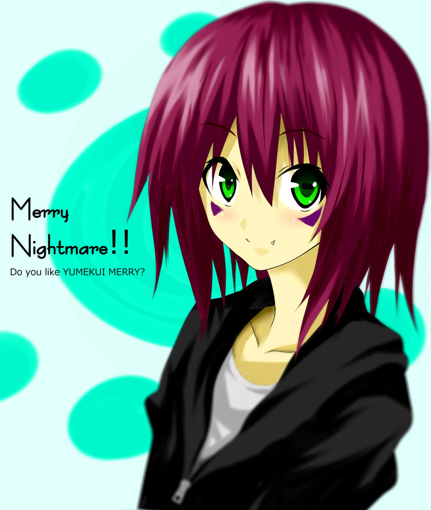 absurdres blouse casual_clothes facial_mark green_eyes highres merry_nightmare purple_hair symbol-shaped_pupils t-shirt yumekui_merry
