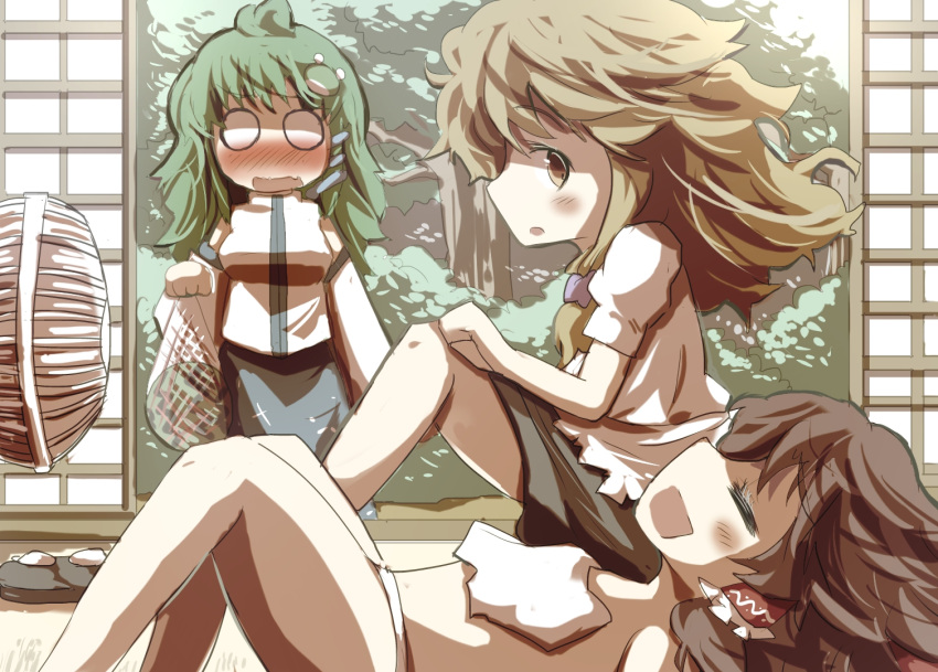 black_hair blonde_hair blush electric_fan fanning_crotch fanning_self gaoo_(frpjx283) green_hair hakurei_reimu kirisame_marisa kochiya_sanae lying multiple_girls on_back panties sitting skirt skirt_lift touhou towel underwear yellow_eyes