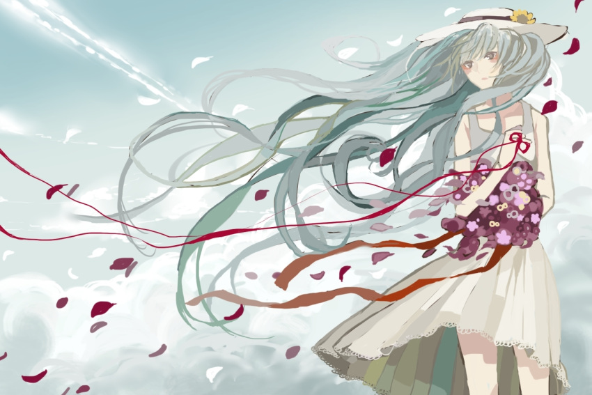 bad_id dress flower hat hatsune_miku kurohal long_hair petals solo very_long_hair vocaloid