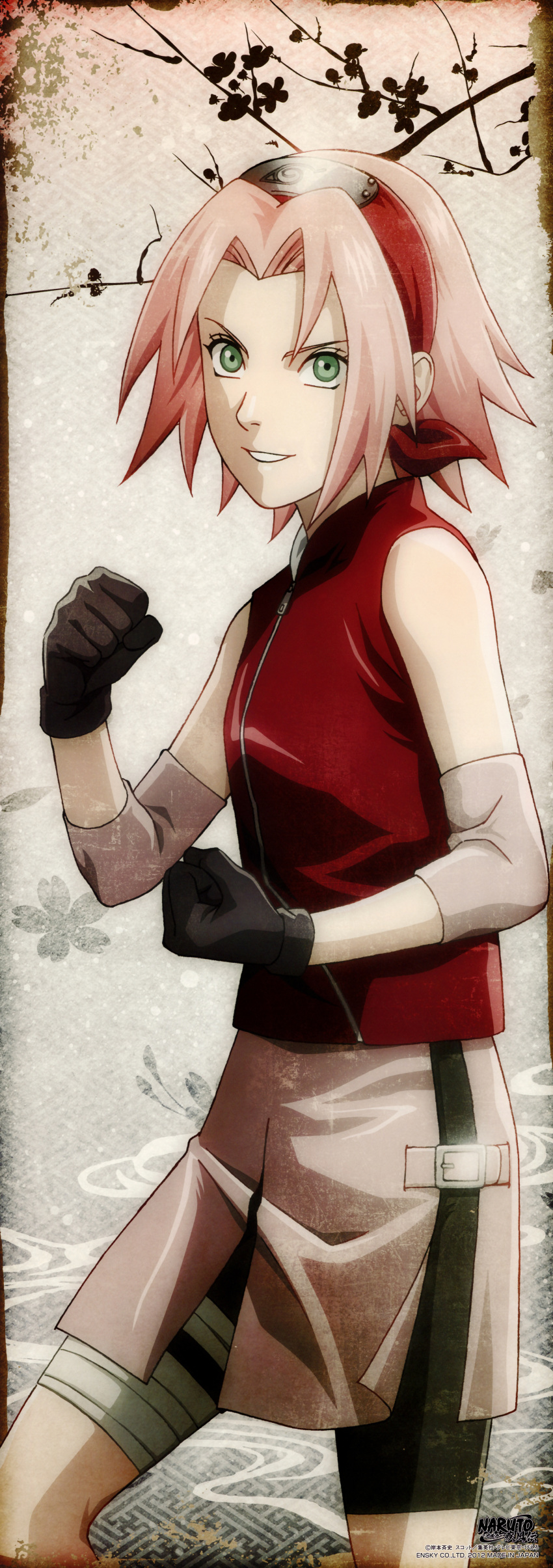 absurdres bandage bandages gloves green_eyes hairband haruno_sakura highres long_image naruto naruto_shippuuden scan short_hair shorts smile stick_poster tall_image