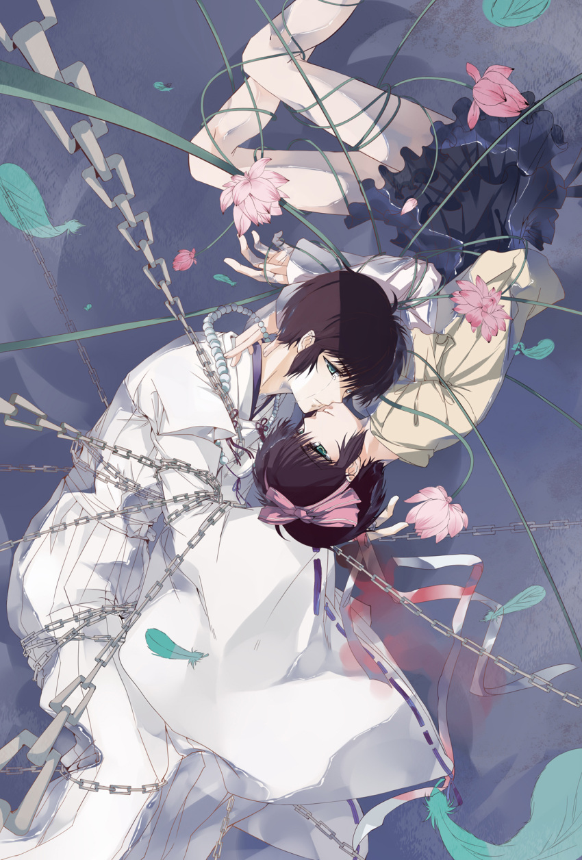 1girl aqua_eyes black_hair brother_and_sister chain chains feathers hair_ribbon hairband highres japanese_clothes jewelry mishenliu necklace pearl pleated_skirt ribbon school_uniform short_hair siblings skirt sumeragi_hokuto sumeragi_subaru tears tokyo_babylon traditional_clothes twins upside-down water wide_sleeves