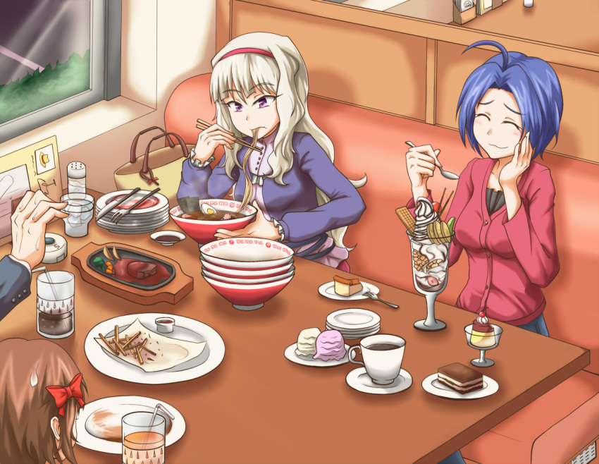 3girls ahoge amami_haruka blue_hair brown_hair chopsticks eating food fork hairband ice_cream idolmaster knife long_hair miura_azusa multiple_girls noodles pudding purple_eyes ramen shijou_takane short_hair silver_hair spoon steak sundae violet_eyes
