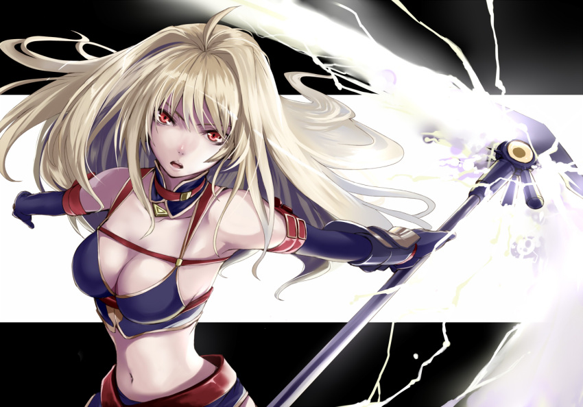 alternate_costume bardiche bare_shoulders blonde_hair breasts cleavage elbow_gloves fate_testarossa female gloves long_hair looking_at_viewer lyrical_nanoha mahou_shoujo_lyrical_nanoha mahou_shoujo_lyrical_nanoha_strikers navel red_eyes saimon_(pixiv) scythe solo weapon