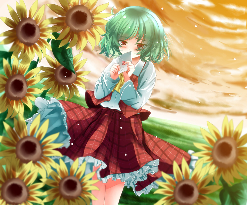 ascot blush cloud clouds dusk flower green_hair kazami_yuuka letter long_sleeves oumi_hi plant red_eyes short_hair sky solo standing sunflower touhou