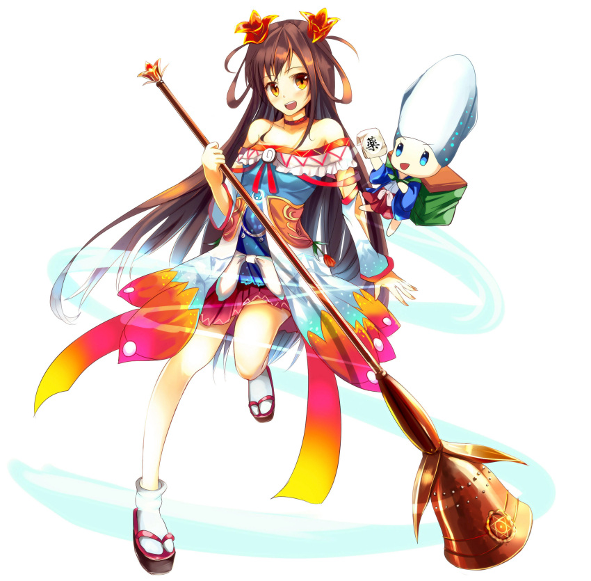 absurdres bell brown_hair detached_sleeves flower hair_flower hair_ornament hair_rings highres long_hair magical_girl orange_hair original sakura_ani sandals socks solo white_legwear yellow_eyes