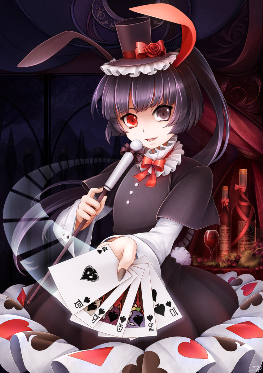 animal_ears baton black_eyes black_hair bow bunny_ears card dress frills hat heterochromia highres long_hair mtyy open_mouth original playing_card ponytail rabbit_ears red_eyes solo