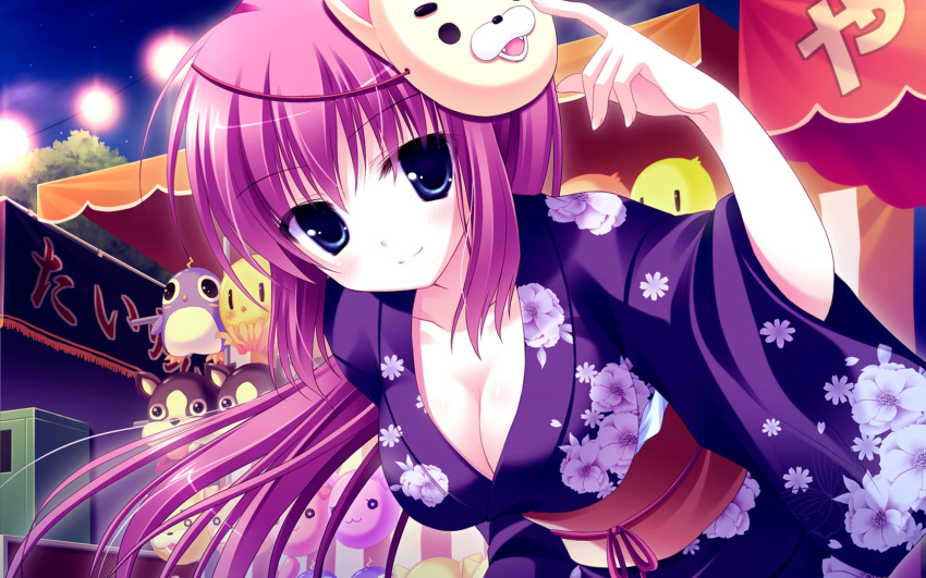 :3 artist_request blue_eyes breasts cleavage copyright_request festival game_cg highres japanese_clothes kimono mask pink_hair yukata yukie_(peach_candy)