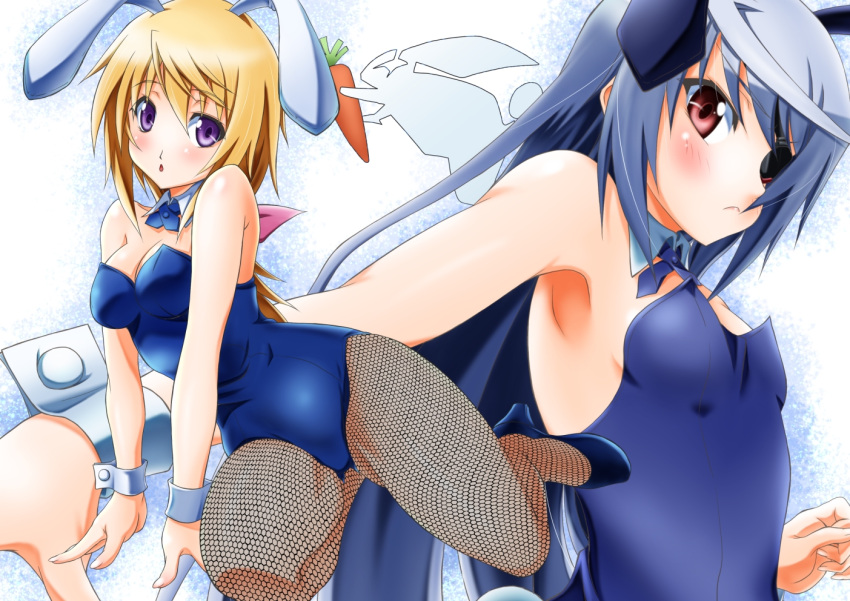 animal_ears armpits blonde_hair blue_hair bunny bunny_ears bunnysuit carrot charlotte_dunois detached_collar eyepatch fishnet_pantyhose fishnets infinite_stratos laura_bodewig long_hair multiple_girls pantyhose purple_eyes rabbit rabbit_ears red_eyes ribbon sumeragi_tomo violet_eyes wrist_cuffs