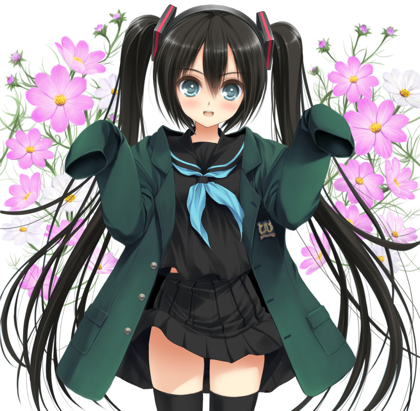 :d aqua_eyes black_hair black_legwear blush erinngi flower hatsune_miku highres long_hair looking_at_viewer norita open_mouth school_uniform serafuku skirt sleeves_past_wrists smile solo thigh-highs thighhighs twintails very_long_hair vocaloid