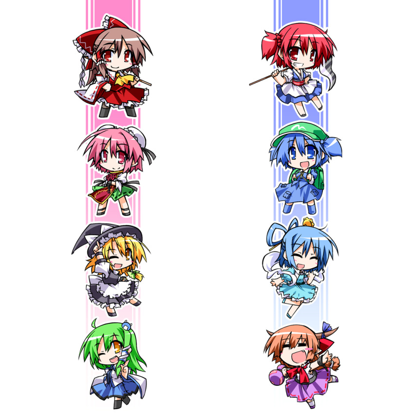 =_= ascot backpack bag blonde_hair blue_dress blue_eyes blue_hair braid brown_hair chain chains detached_sleeves double_bun dress frog_hair_ornament gohei gourd green_hair grin hair_bobbles hair_ornament hair_rings hair_stick hair_tubes hakurei_reimu hat hemogurobina1c horn_ribbon horns ibaraki_kasen ibuki_suika kaku_seiga kawashiro_nitori kirisame_marisa kochiya_sanae long_hair multiple_girls onozuka_komachi open_mouth pink_eyes pink_hair red_eyes red_hair redhead ribbon scythe shackle shawl short_twintails skirt smile touhou twintails two_side_up vest wild_and_horned_hermit wink yellow_eyes