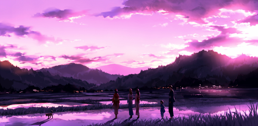4girls black_hair brown_hair building child cloud clouds highres hill japanese_clothes kimono landscape long_hair mogumo multiple_girls obi original ponytail rice_paddy scenery scenic shadow shiba_inu short_hair sky sun sunset yukata