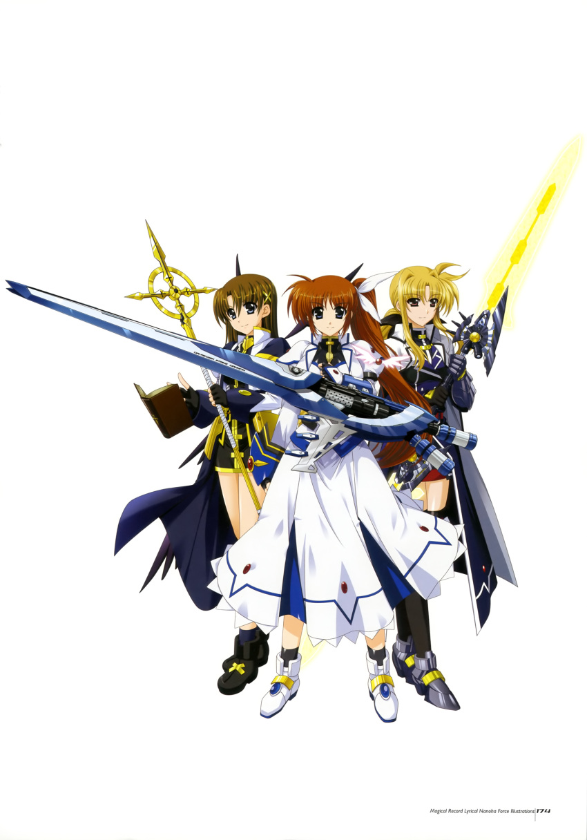 absurdres artist_request bardiche blonde_hair blue_eyes book brown_eyes fate_testarossa higa_yukari highres long_hair lyrical_nanoha mahou_senki_lyrical_nanoha_force mahou_shoujo_lyrical_nanoha mahou_shoujo_lyrical_nanoha_a's mahou_shoujo_lyrical_nanoha_strikers multiple_girls open_book ponytail raising_heart schwertkreuz short_hair side_ponytail smile staff strike_cannon takamachi_nanoha thighhighs tome_of_the_night_sky weapon yagami_hayate