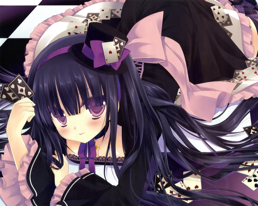 absurdres black_hair blush bow card choker dress frills hairband hat highres long_hair lying mini_top_hat miyasu_risa original playing_card purple_eyes ribbon smile solo thigh-highs thighhighs top_hat violet_eyes