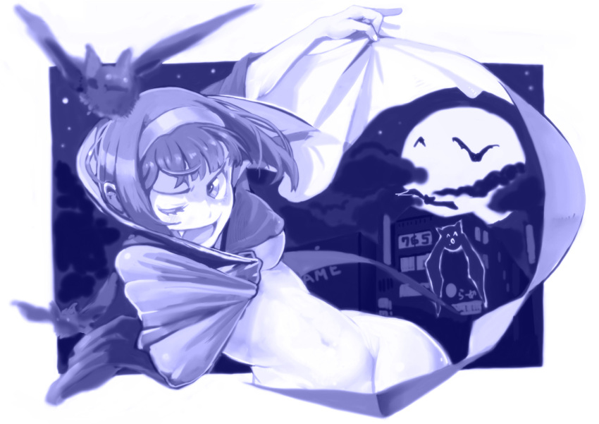 bat cape fang hairband idolmaster kousaku monochrome mound_of_venus naked_cape night night_sky nude open_mouth otonashi_kotori short_hair sky smile solo vampire wink