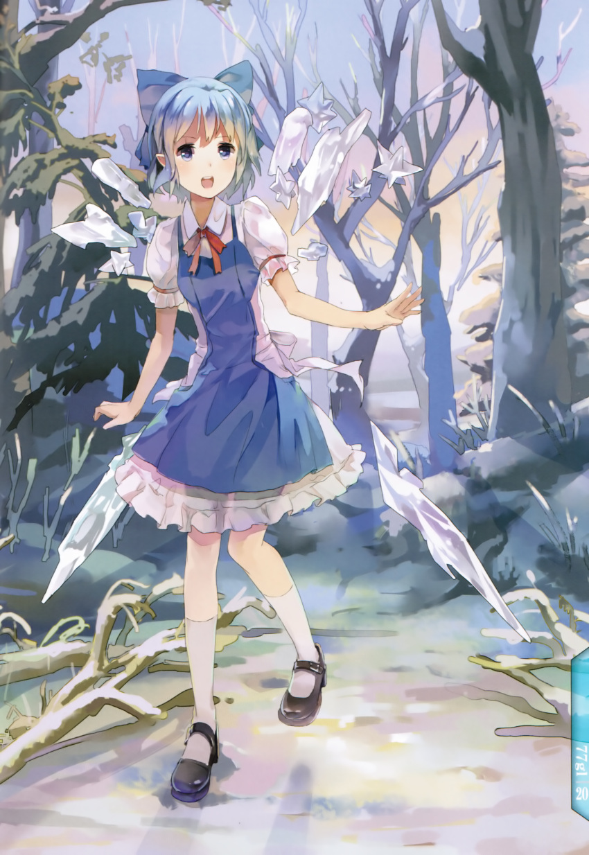 77gl :d absurdres adapted_costume artist_name blue_eyes blue_hair bow cirno hair_bow highres ice ice_wings mary_janes open_mouth pointy_ears scan shoes short_hair smile solo touhou tree walking wings