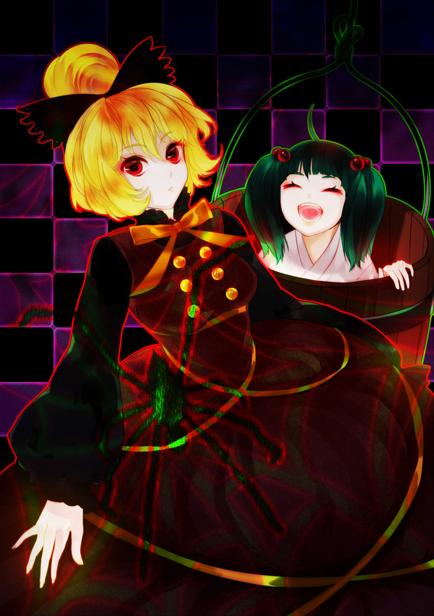 absurdres bad_id blonde_hair bow bucket closed_eyes eyes_closed green_hair hair_bobbles hair_bow hair_ornament highres in_bucket in_container kisume kurodani_yamame long_sleeves multiple_girls open_mouth puffy_sleeves red_eyes short_hair touhou twintails viridiflora