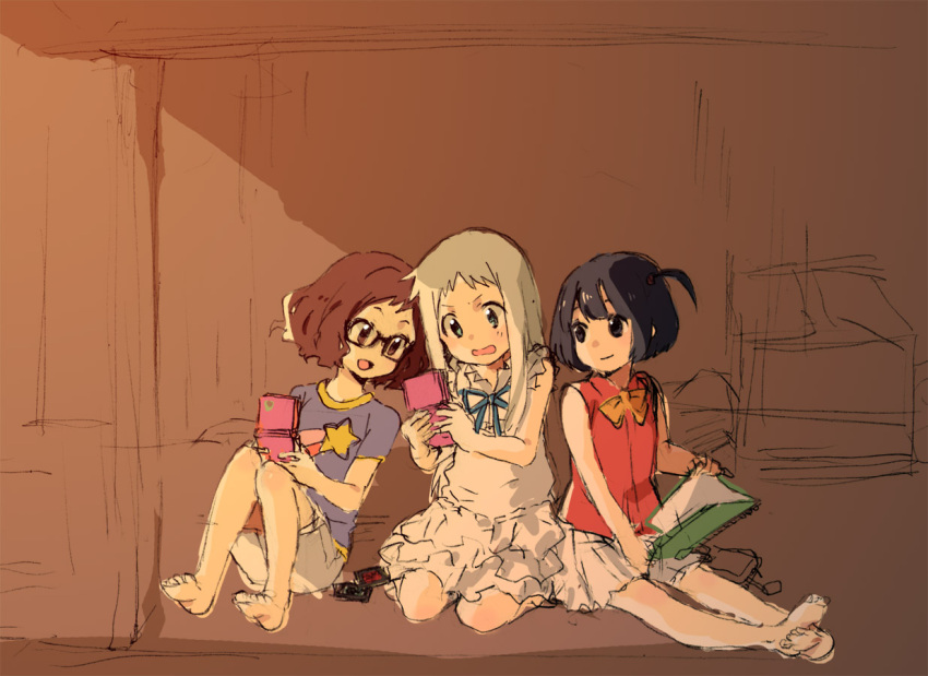 anjou_naruko ano_hi_mita_hana_no_namae_wo_bokutachi_wa_mada_shiranai barefoot black_hair blue_eyes book brown_hair child dress ehee game_boy glasses honma_meiko multiple_girls playing ribbon rough shorts sitting smile troubled tsurumi_chiriko white_hair