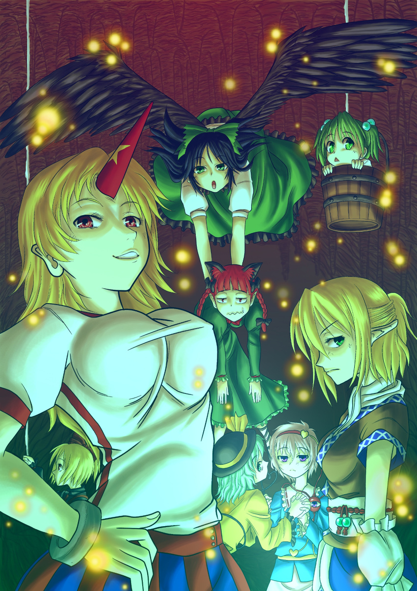 absurdres animal_ears black_hair black_wings blonde_hair bow bracelet braid bucket cape cat_ears detached_sleeves green_eyes green_hair hair_bobbles hair_bow hair_ornament hairband hand_holding hat hat_ribbon heart highres holding_hands horn hoshiguma_yuugi in_bucket in_container jewelry kaenbyou_rin kisume komeiji_koishi komeiji_satori kurodani_yamame long_hair long_sleeves mizuhashi_parsee multiple_girls obi open_mouth pink_hair pointy_ears puffy_sleeves purple_eyes red_eyes red_hair redhead reiuji_utsuho ribbon shiba_meiji short_hair short_sleeves smirk star subterranean_animism third_eye touhou twin_braids twintails violet_eyes wavy_mouth wide_sleeves wings