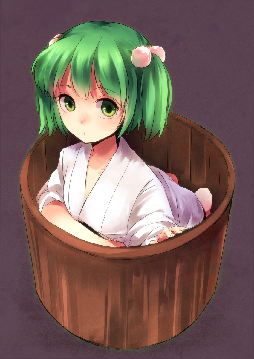74_(teduka) absurdres bucket green_eyes green_hair hair_bobbles hair_ornament highres in_bucket in_container kisume short_hair solo touhou twintails