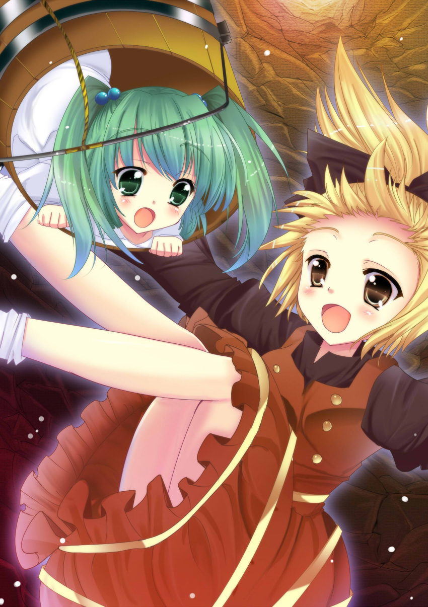 absurdres blonde_hair blush bow bucket dress green_hair hair_bobbles hair_bow hair_ornament highres in_bucket in_container kisume kurodani_yamame long_sleeves multiple_girls natsumikan open_mouth puffy_sleeves short_hair touhou twintails twintials upside-down wide_sleeves yellow_eyes