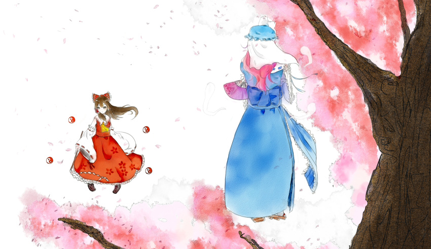 back blush bow brown_eyes brown_hair cherry_blossoms detached_sleeves fan gohei hair_bow hair_tubes hakurei_reimu hat highres hitodama japanese_clothes long_hair long_sleeves multiple_girls petals pink_hair saigyouji_yuyuko short_hair skirt touhou tree triangular_headpiece wide_sleeves yin_yang