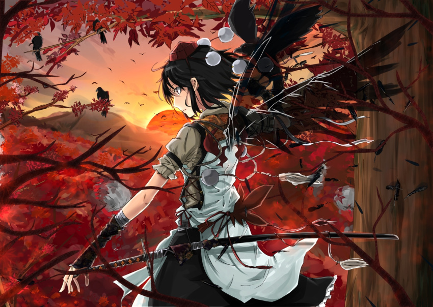 1girl alternate_costume animal bird bird_wings black_hair black_wings cibo_(killy) crow feathers from_behind hat leaf long_image maple_leaf posing puffy_sleeves scabbard shameimaru_aya sheath short_hair short_sleeves solo sunset sword tall_image tokin_hat touhou tree weapon wide_image wings