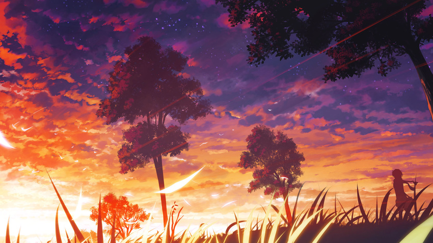 grass highres jpeg_artifacts landscape original scarf scenery scenic sky solo sunset tree walking