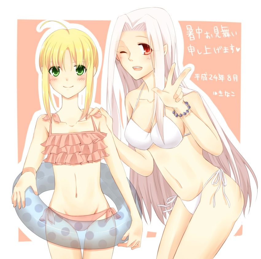 ahoge akatuki5 bikini blonde_hair blush bracelet breasts fate/zero fate_(series) frilled_bikini frills green_eyes highres innertube irisviel_von_einzbern jewelry long_hair multiple_girls navel red_eyes saber side-tie_bikini silver_hair smile swimsuit v wink