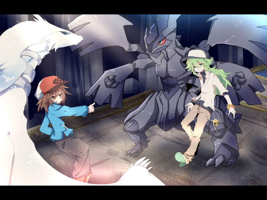 brown_eyes brown_hair cube green_eyes green_hair hat jewelry kyouhei_(pokemon) letterboxed long_hair male mari_audio multiple_boys n_(pokemon) necklace pokemon pokemon_(game) pokemon_bw2 reshiram touya_(pokemon) zekrom