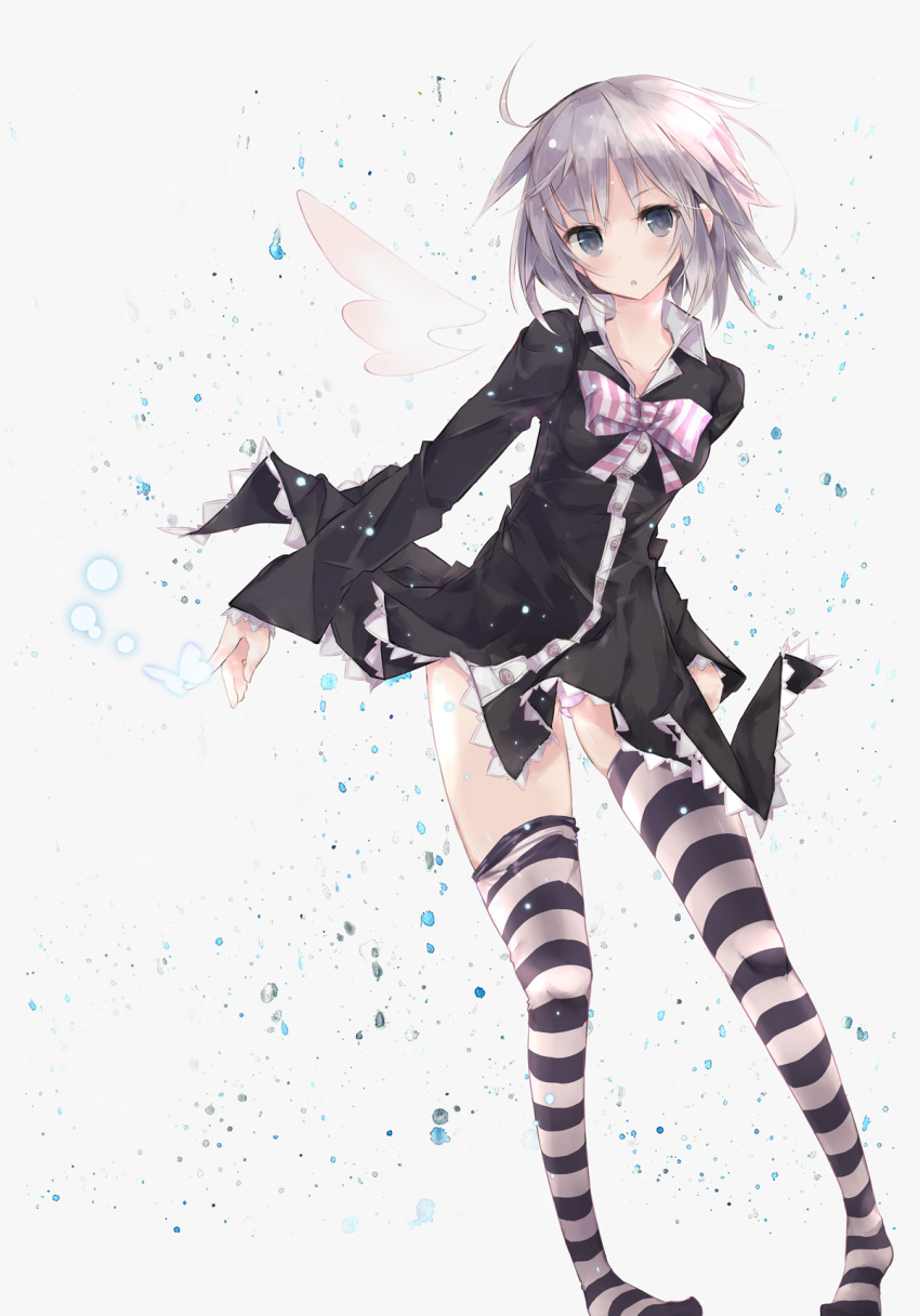 blush bow dress grey_eyes highres looking_at_viewer minchi_(lordofthemince) original panties pink_panties short_hair silver_eyes silver_hair solo striped striped_legwear thigh-highs thighhighs underwear