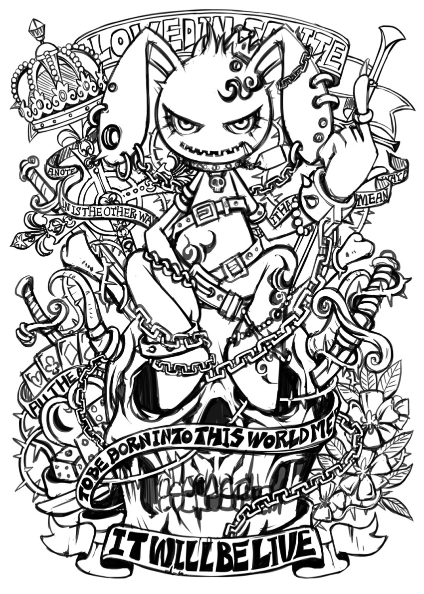 animal_ears belt bunny bunny_ears card chain chains crown dice ear_piercing english flower looking_at_viewer monochrome no_humans original piercing playing_card project.c.k. rabbit rabbit_ears sketch skull solo sword weapon white_background