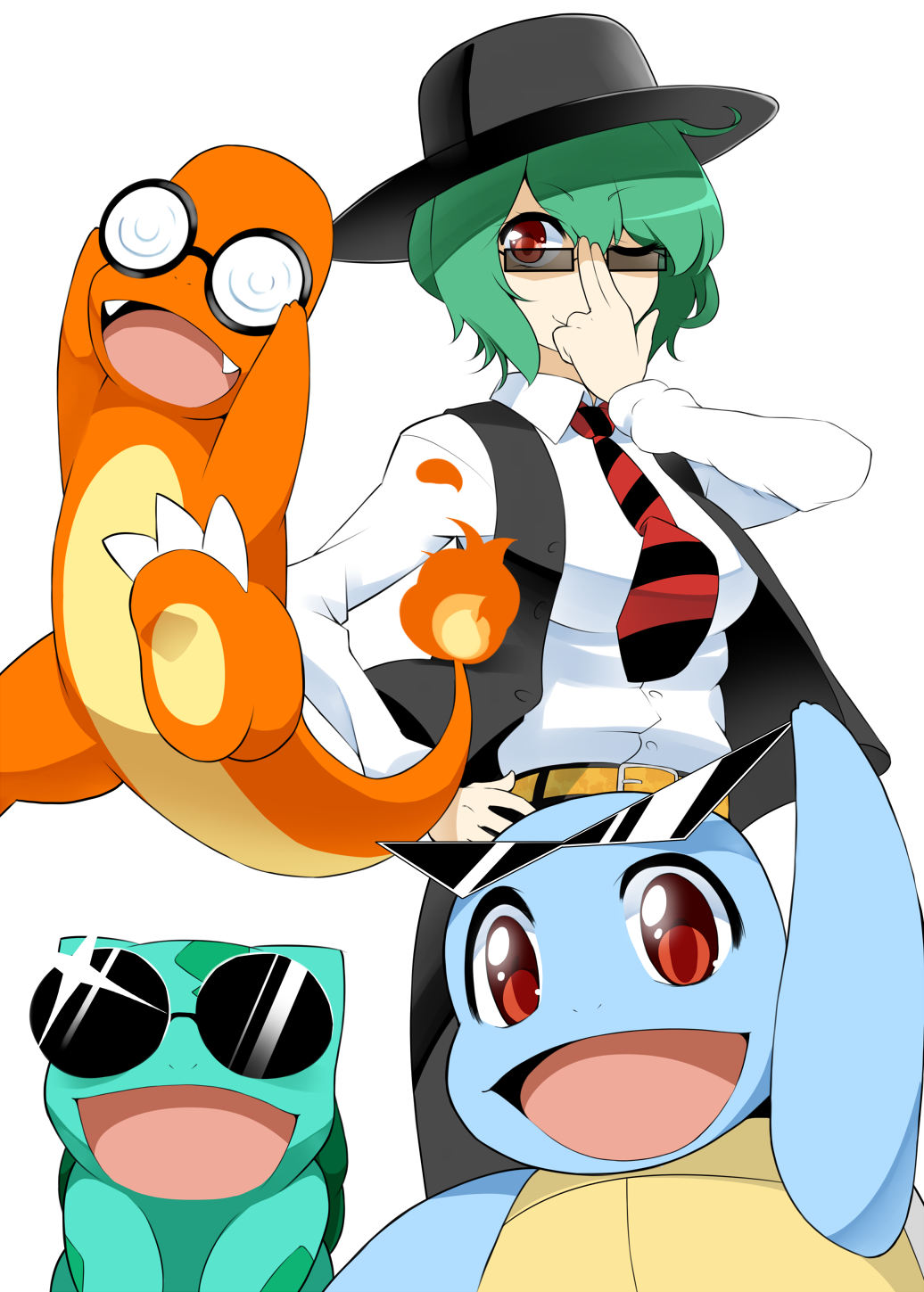 Safebooru 1girl adjusting glasses arm up bespectacled bulbasaur charmander contemporary