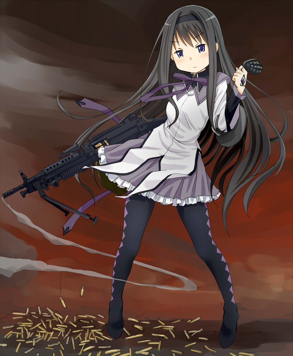 Safebooru 1girl Akemi Homura Black Hair Casing Ejection Explosive Grenade Gun Hairband Highres 