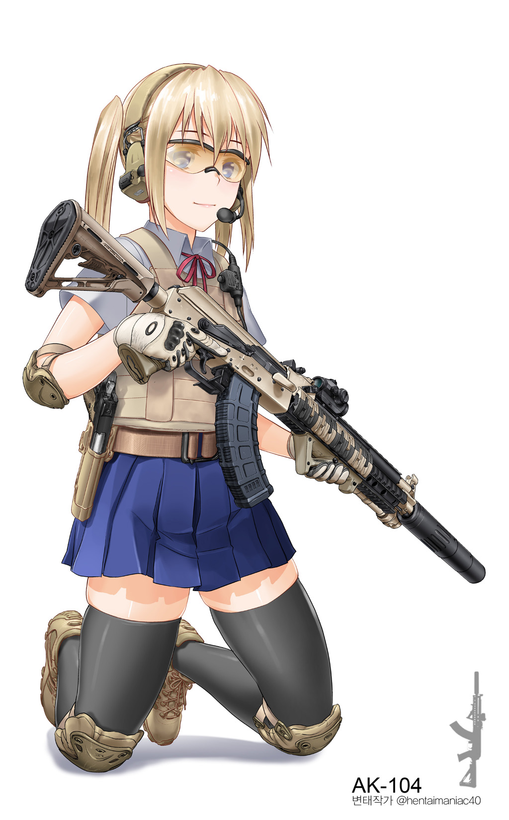 Safebooru 1girl Assault Rifle Belt Black Legwear Blonde Hair Blue