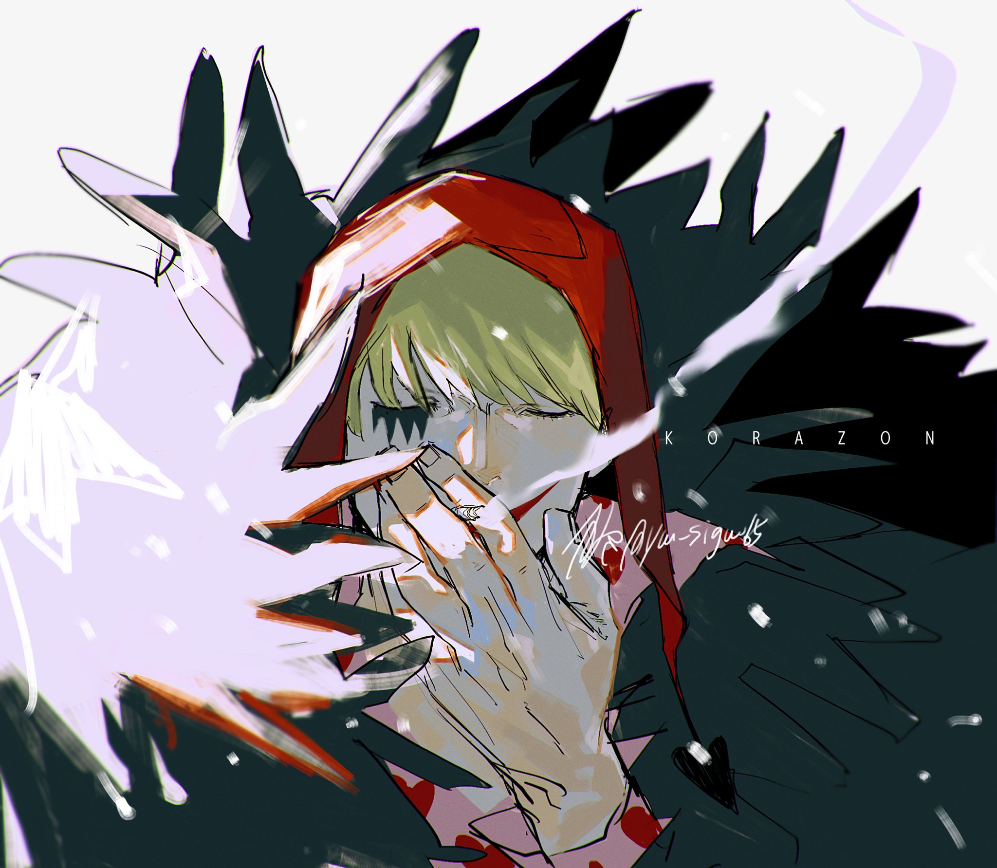 Safebooru Boy Azisaiharumaki Black Coat Blonde Hair Cigarette Close Up Closed Eyes Coat